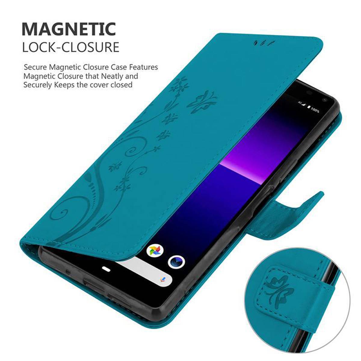 Cadorabo Hülle für Sony Xperia 8 Schutz Hülle in Blau Schutzhülle Handy Hülle Etui Case Blumen Flower