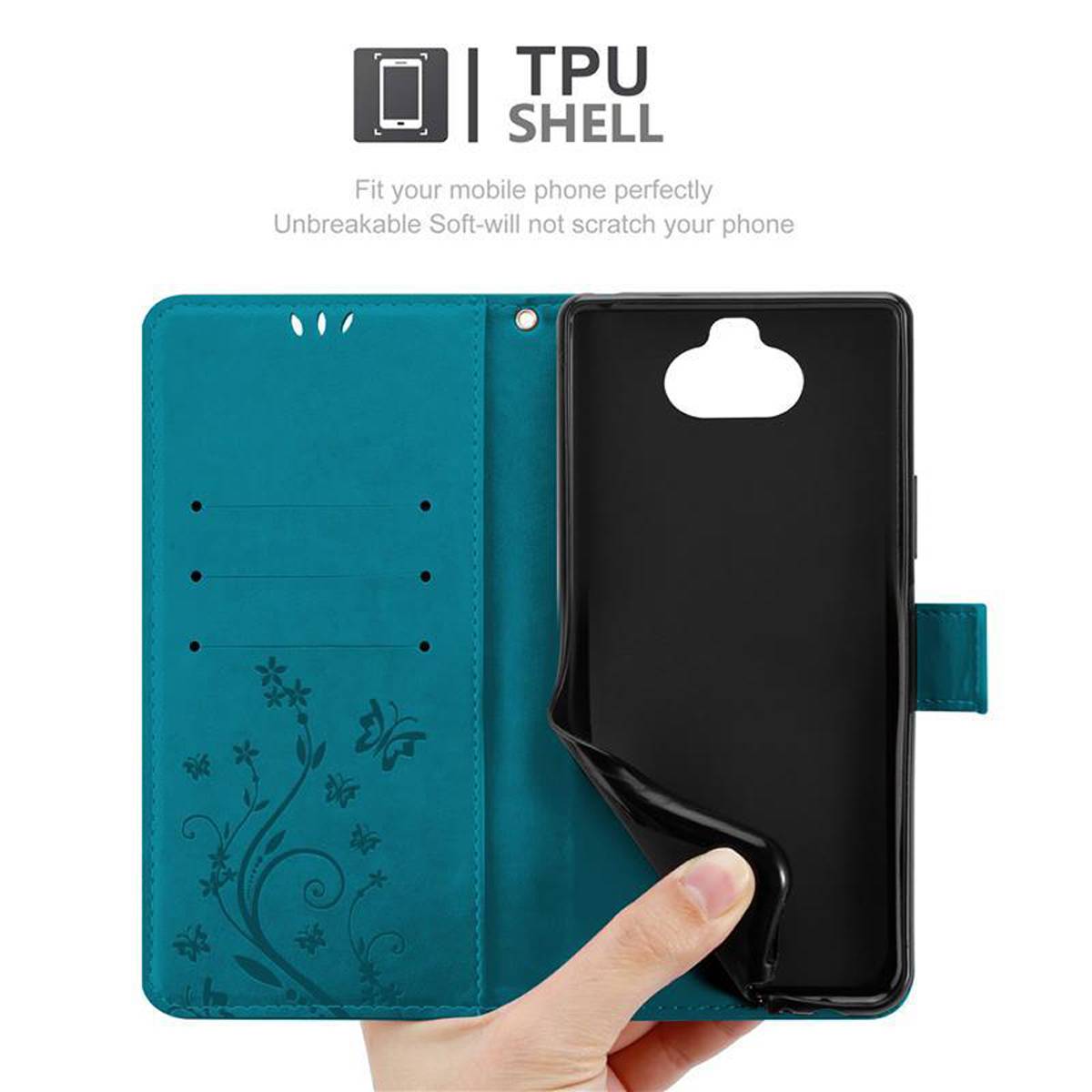 Cadorabo Hülle für Sony Xperia 8 Schutz Hülle in Blau Schutzhülle Handy Hülle Etui Case Blumen Flower