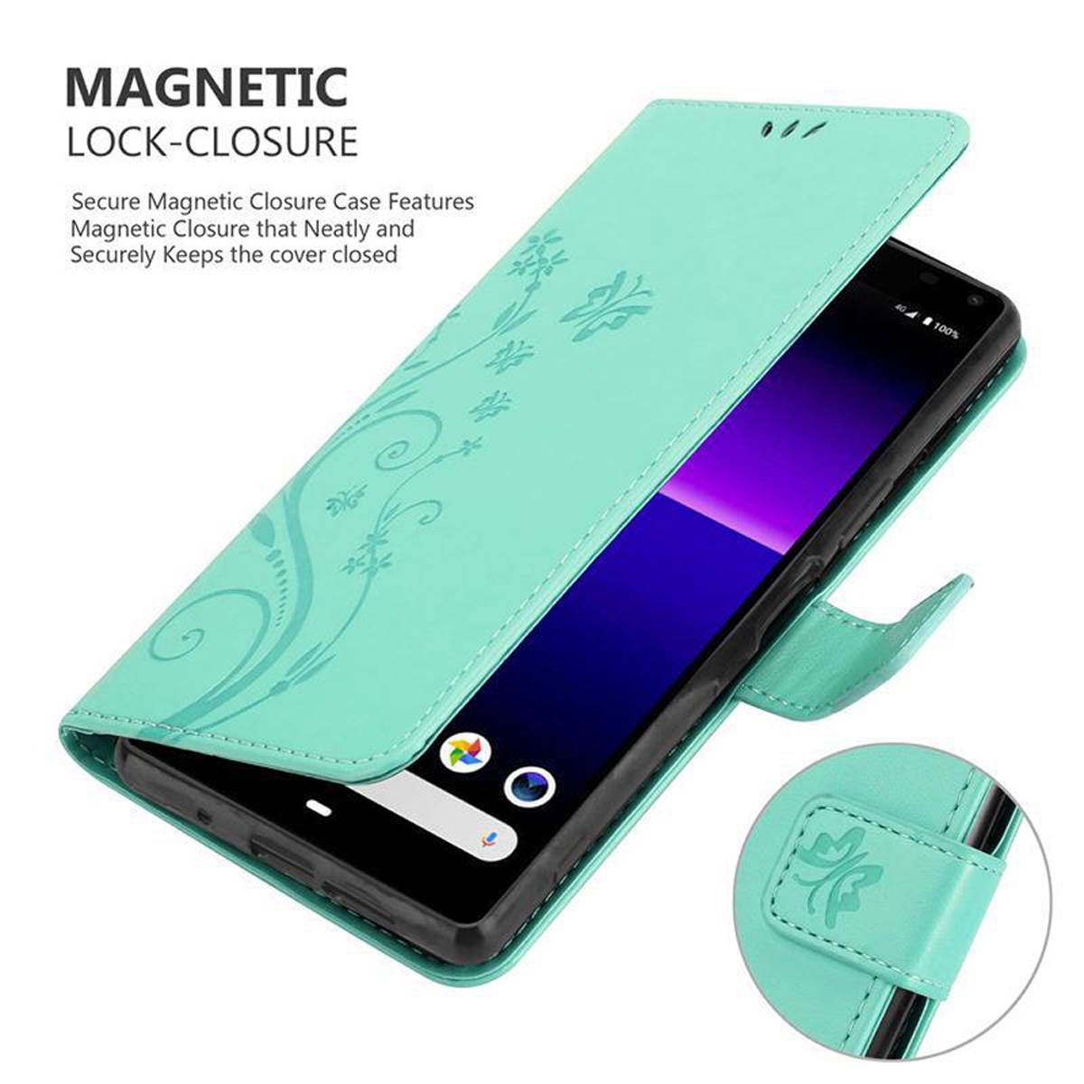 Cadorabo Hülle für Sony Xperia 8 Schutz Hülle in Türkis Schutzhülle Handy Hülle Etui Case Blumen Flower