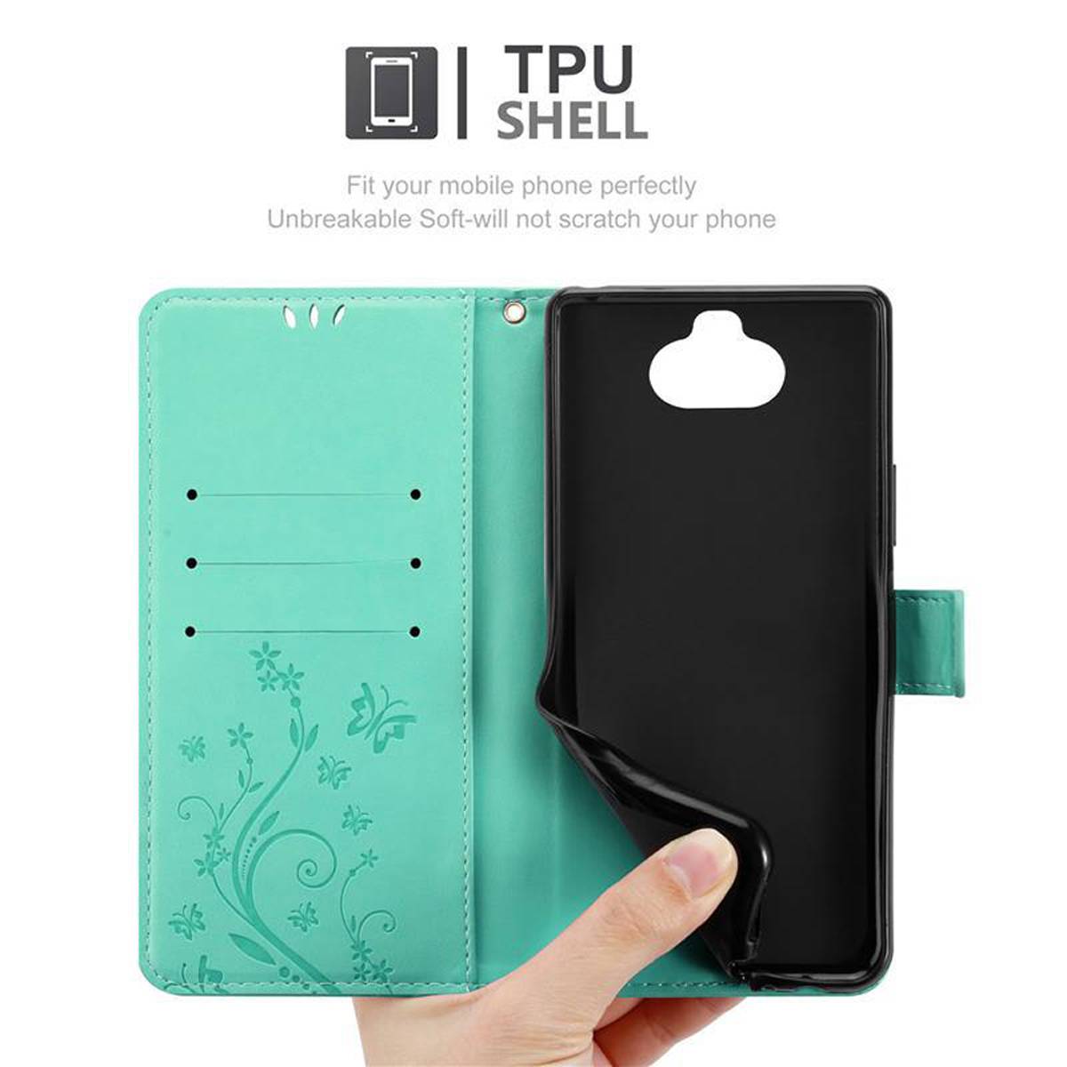 Cadorabo Hülle für Sony Xperia 8 Schutz Hülle in Türkis Schutzhülle Handy Hülle Etui Case Blumen Flower