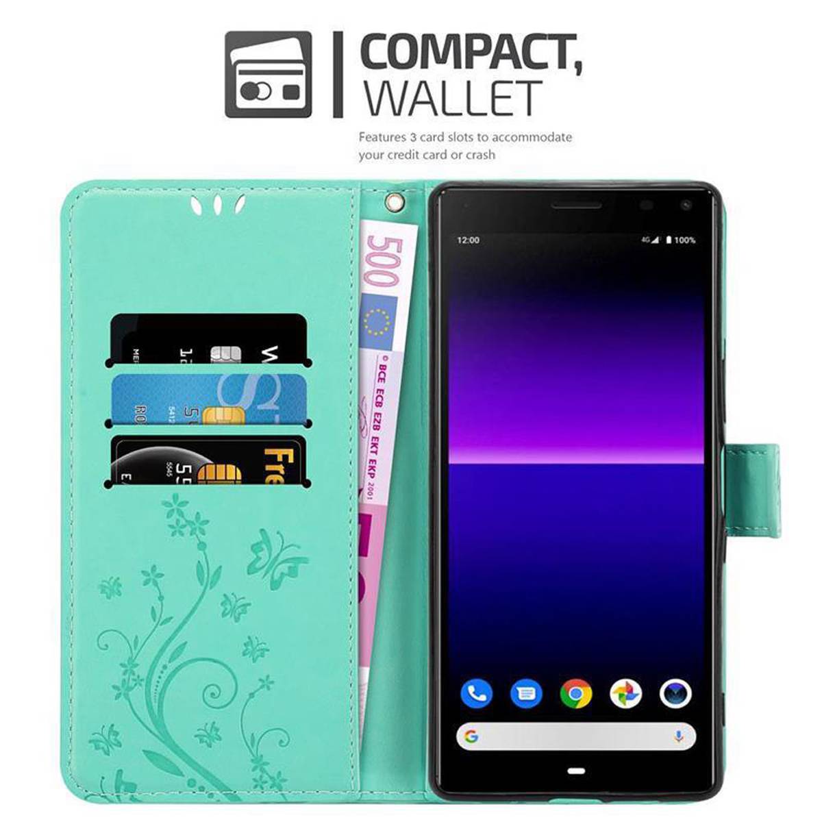Cadorabo Hülle für Sony Xperia 8 Schutz Hülle in Türkis Schutzhülle Handy Hülle Etui Case Blumen Flower