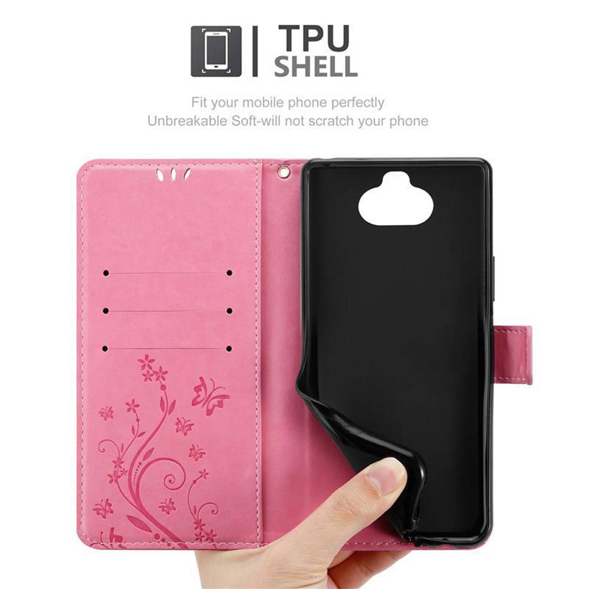 Cadorabo Hülle für Sony Xperia 8 Schutz Hülle in Rosa Schutzhülle Handy Hülle Etui Case Blumen Flower