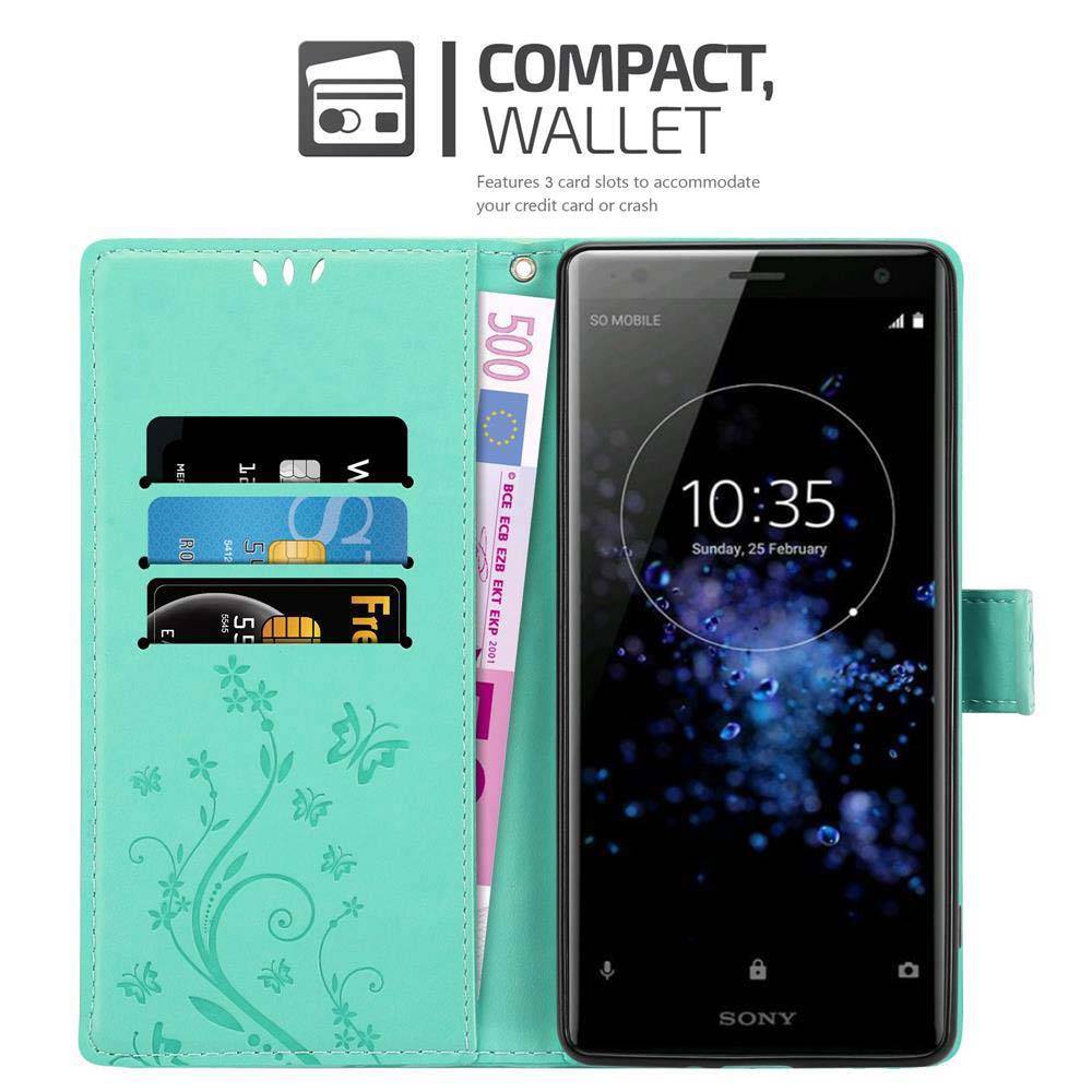 Cadorabo Hülle für Sony Xperia XZ2 Schutz Hülle in Türkis Schutzhülle Handy Hülle Etui Case Blumen Flower