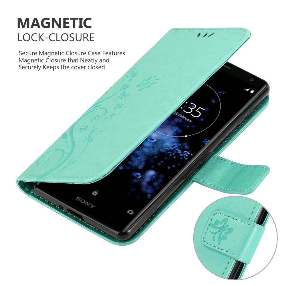 Cadorabo Hülle für Sony Xperia XZ2 Schutz Hülle in Türkis Schutzhülle Handy Hülle Etui Case Blumen Flower