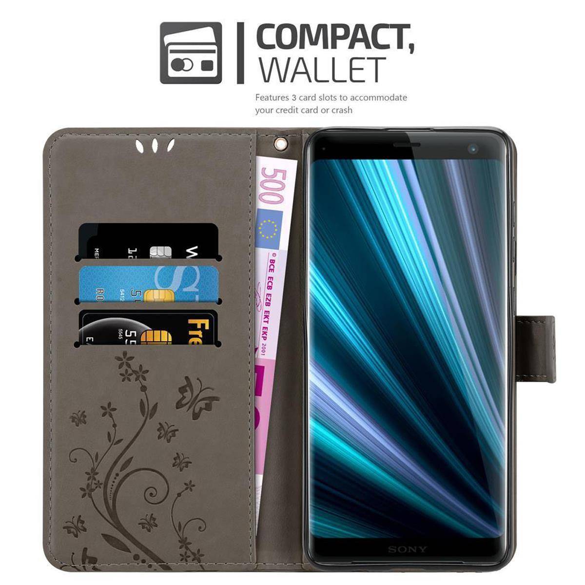 Cadorabo Hülle für Sony Xperia XZ3 Schutz Hülle in Grau Schutzhülle Handy Hülle Etui Case Blumen Flower