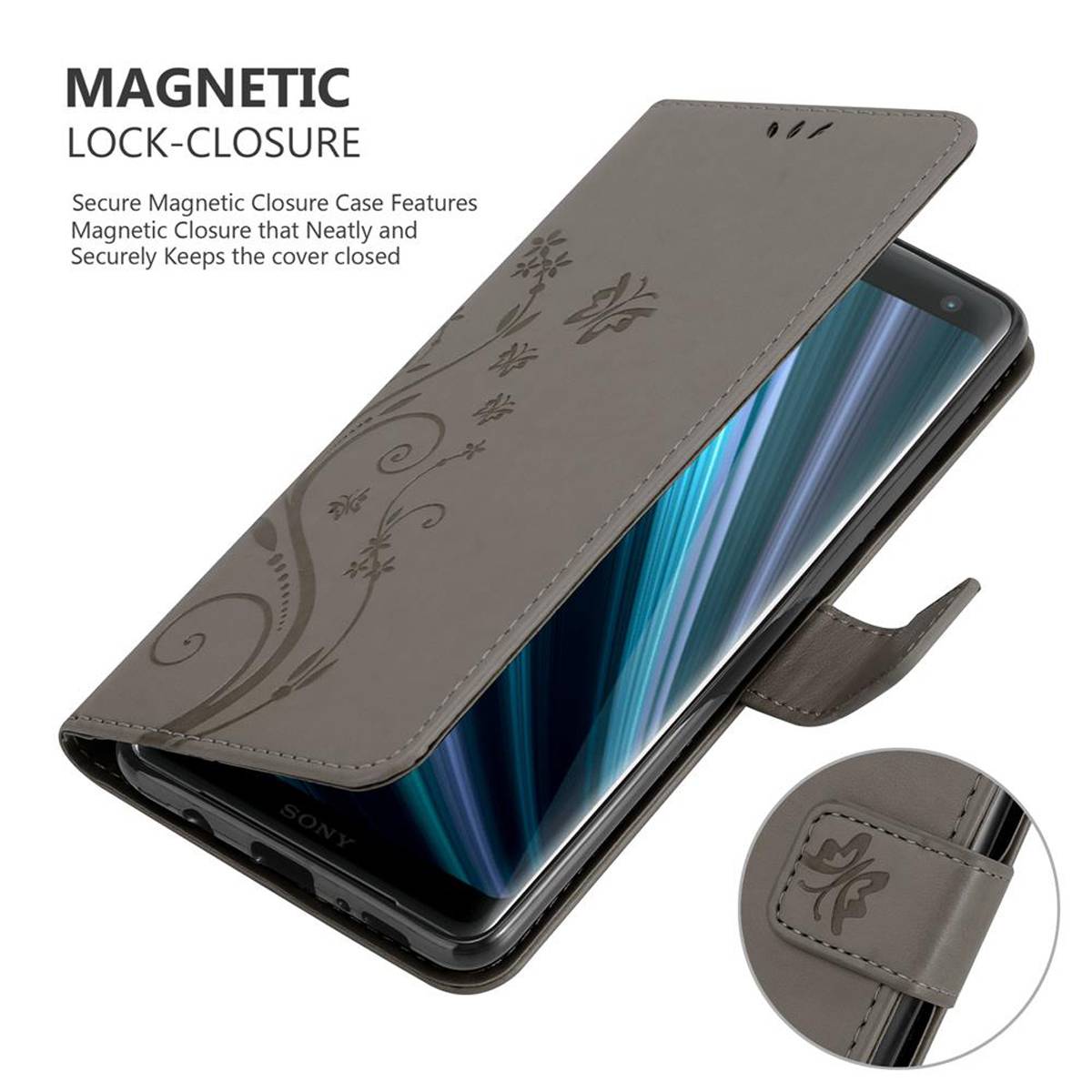 Cadorabo Hülle für Sony Xperia XZ3 Schutz Hülle in Grau Schutzhülle Handy Hülle Etui Case Blumen Flower