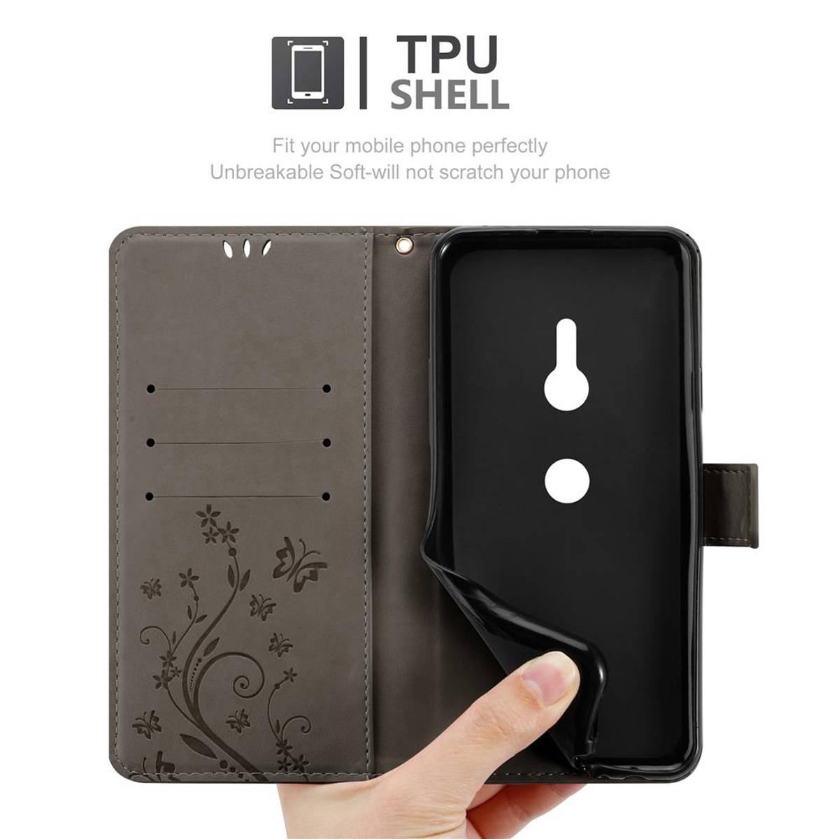 Cadorabo Hülle für Sony Xperia XZ3 Schutz Hülle in Grau Schutzhülle Handy Hülle Etui Case Blumen Flower