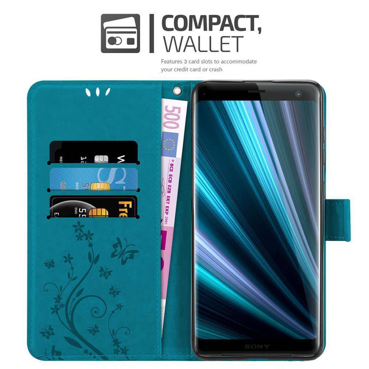 Cadorabo Hülle für Sony Xperia XZ3 Schutz Hülle in Blau Schutzhülle Handy Hülle Etui Case Blumen Flower