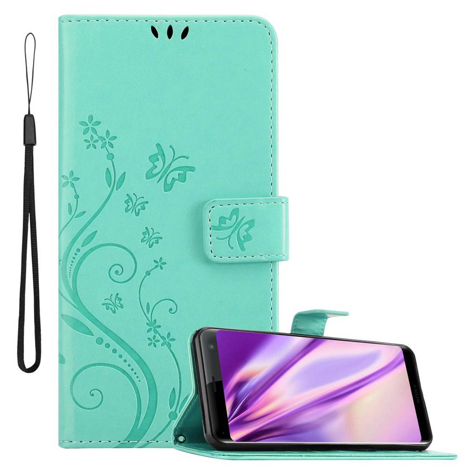 Cadorabo Hülle für Sony Xperia XZ3 Schutz Hülle in Türkis Schutzhülle Handy Hülle Etui Case Blumen Flower