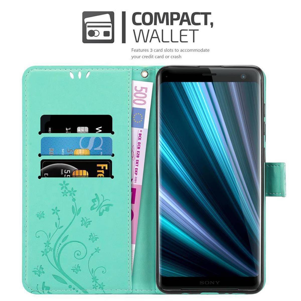 Cadorabo Hülle für Sony Xperia XZ3 Schutz Hülle in Türkis Schutzhülle Handy Hülle Etui Case Blumen Flower