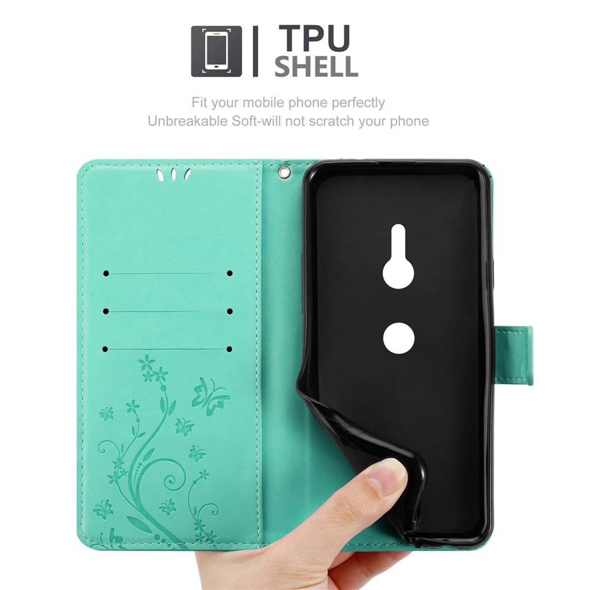 Cadorabo Hülle für Sony Xperia XZ3 Schutz Hülle in Türkis Schutzhülle Handy Hülle Etui Case Blumen Flower