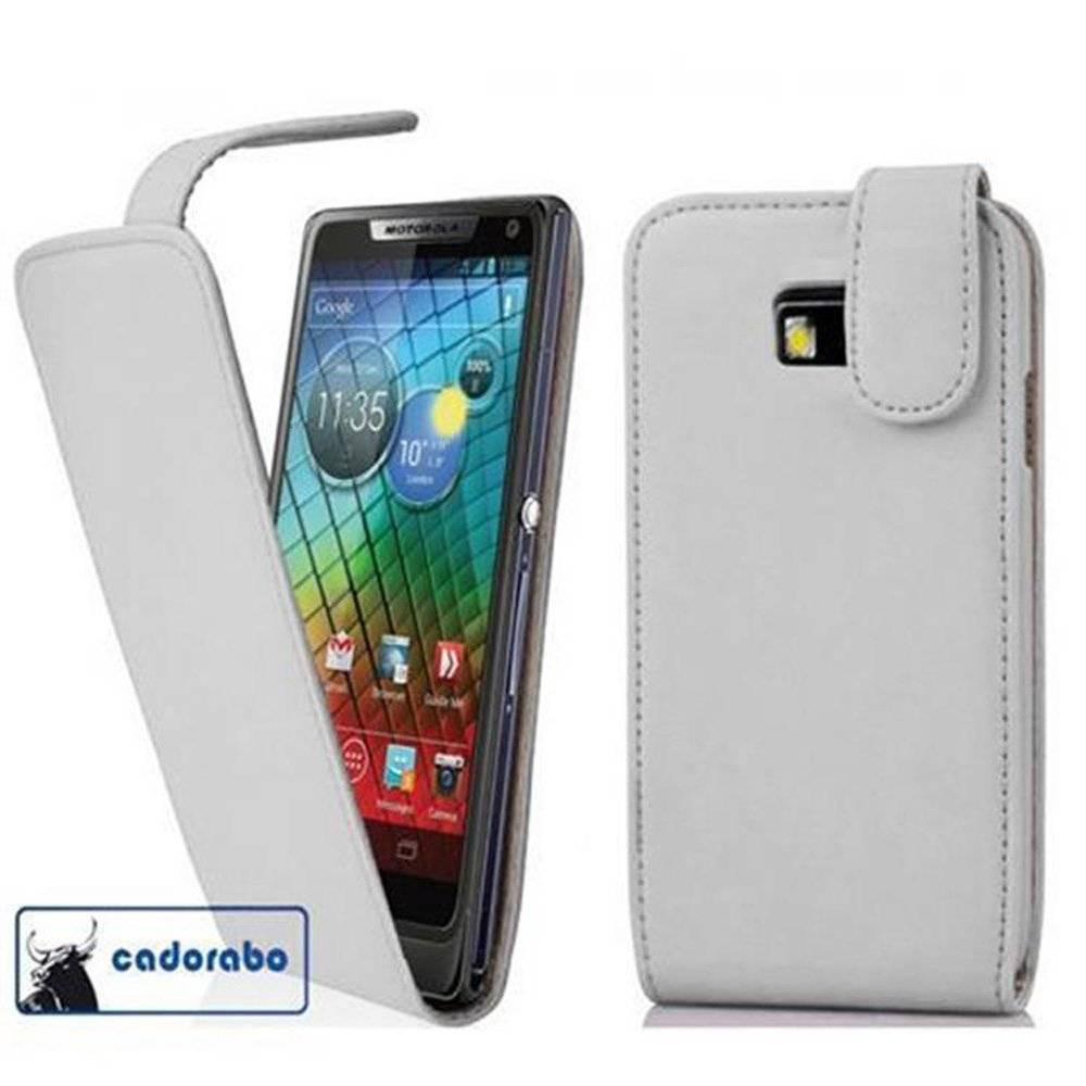 Cadorabo Hülle für Motorola RAZR I Hülle in POLAR WEIß - Handyhülle im Flip Design aus glattem Textilleder - Case Cover Schutzhülle Etui Tasche