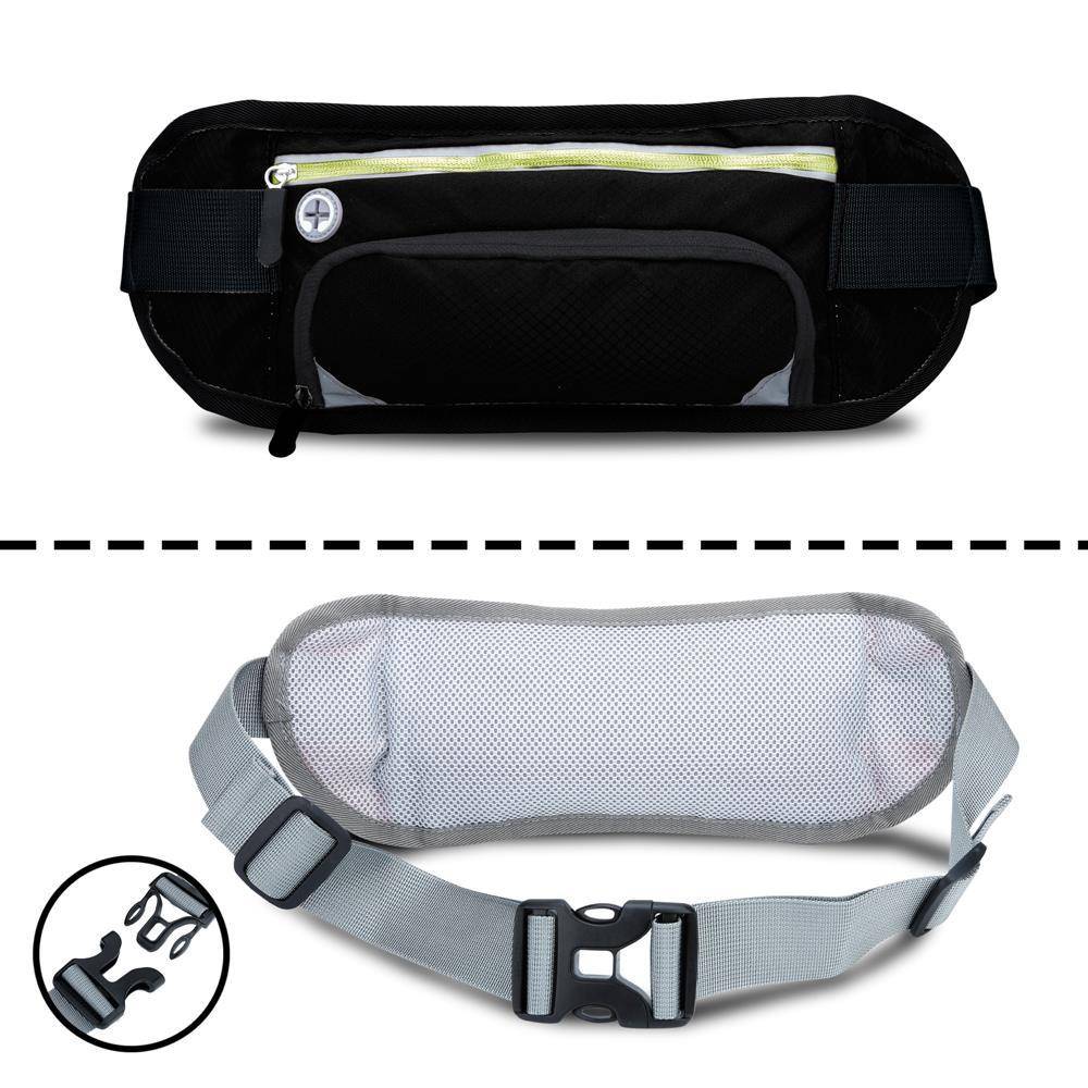 Cadorabo Sport Trinkflaschen Bauchtasche mit Reflektor in SCHWARZ GRÜN - Längenverstellbare Wasserdichte Reflektierende Hüfttasche