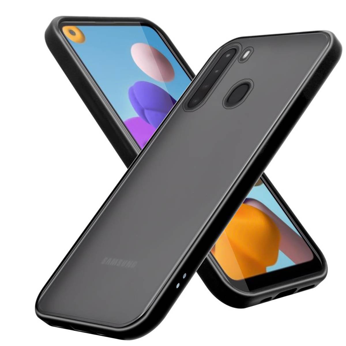 Cadorabo Hülle für Samsung Galaxy A21 Schutz Hülle in Schwarz Handyhülle Hybrid Schutzhülle Etui TPU Silikon