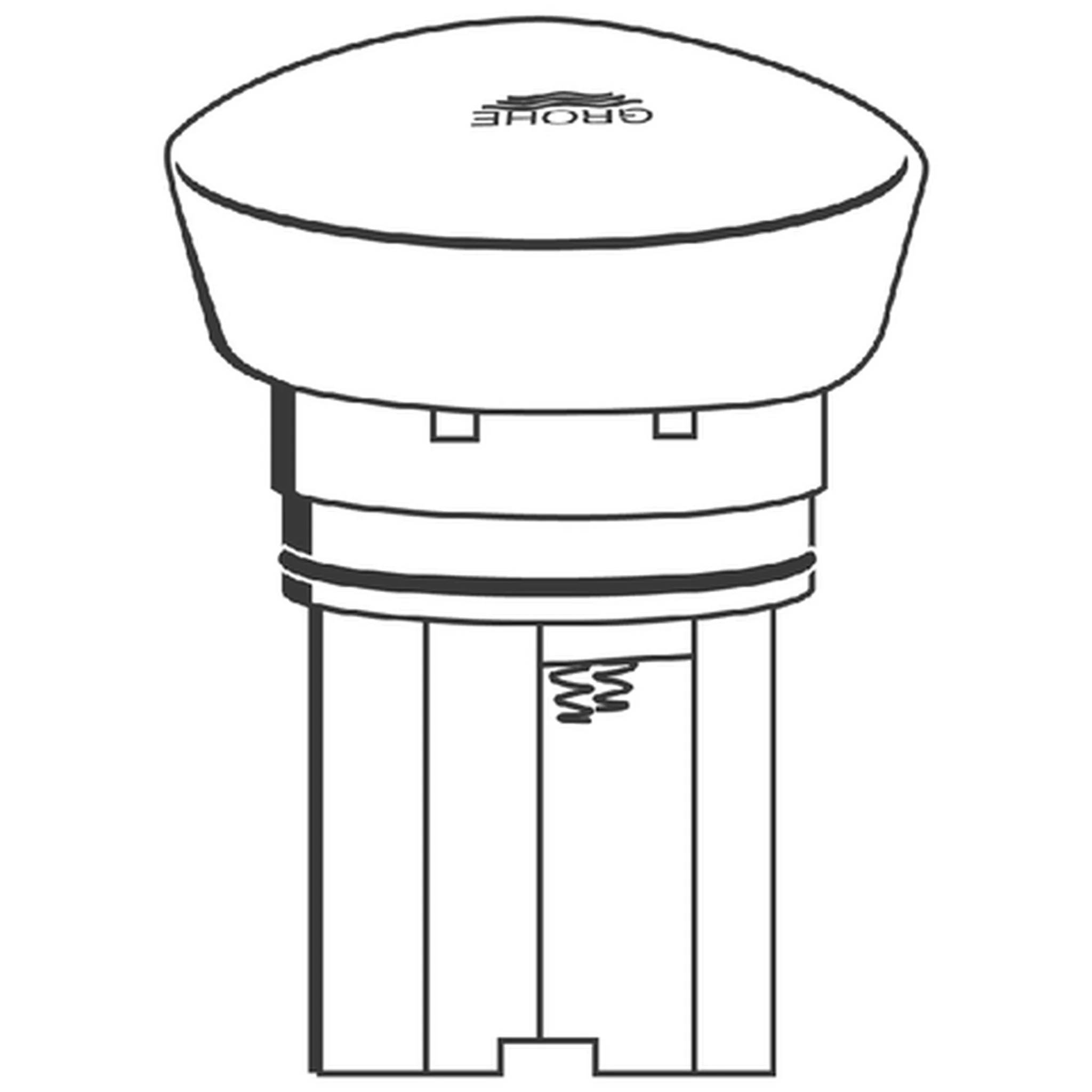 Schwarzweiße Produktillustration eines zylindrischen Druckknopfes oder einer Kappe mit federbelasteter Basis, von vorne dargestellt.