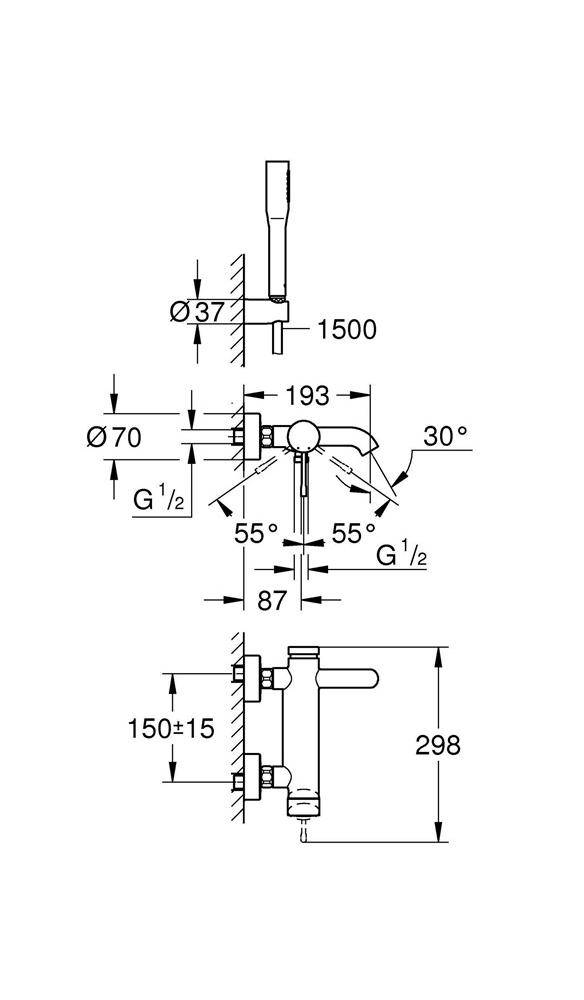 GROHE Einhand-Wannenbatterie ESSENCE DN 15, mit Brausegarnitur chrom