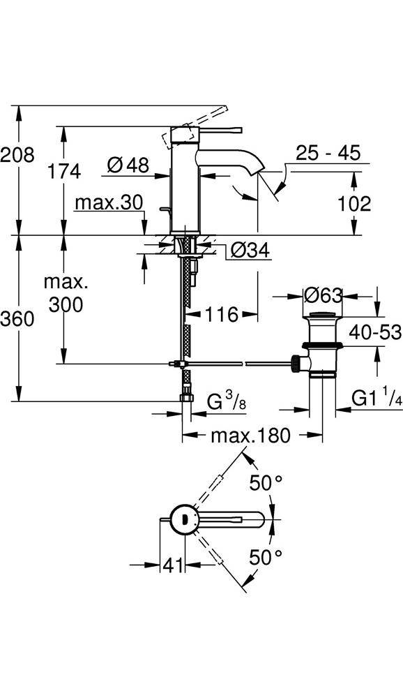 GROHE Einhand-Waschtischbatterie Essence Slim m Zugst-Ablaufgarn.