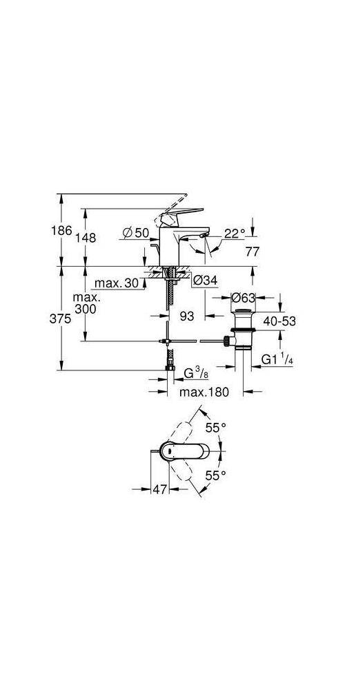 Technisches Auslaufarmatur-Dimensionsdiagramm mit Seiten- und Draufsichten mit Maßen für Höhe, Auslaufreichweite, Montagegröße und Verbindungsgewinde.