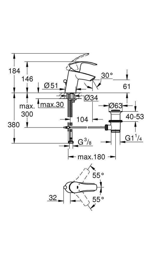 GROHE Einhand-WTbatterie EUROSMART DN 15 S-Size ZAG 1 1/4Zoll chr