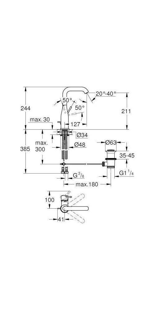 Technische Maßzeichnung eines Wasserhahns mit ausziehbarem Sprühkopf, die Seitenansicht und Vorderansicht mit Abmessungen, Winkeln und Anschlussgrößen zeigt.