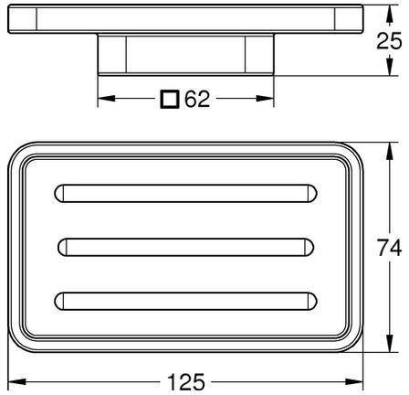 Diagramm eines rechteckigen Objekts mit drei Schlitzen, Abmessungen 125 mm x 74 mm. Seitenansicht zeigt eine Höhe von 25 mm und einen Befestigungspunkt bei 62 mm.