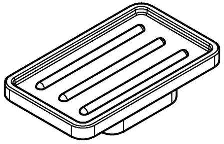 Eine rechteckige Seifenschale mit drei erhöhten Stegen zum Halten einer Seife. Sie hat ein einfaches, funktionales Design.