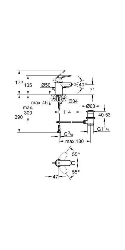 Technisches Installationsdiagramm für Wasserhahn mit Seiten- und Draufsicht, zeigt Abmessungen in Millimetern und Anschlussgrößen G 3/8 und G1 1/4, sowie Winkel- und Höhenmessungen.