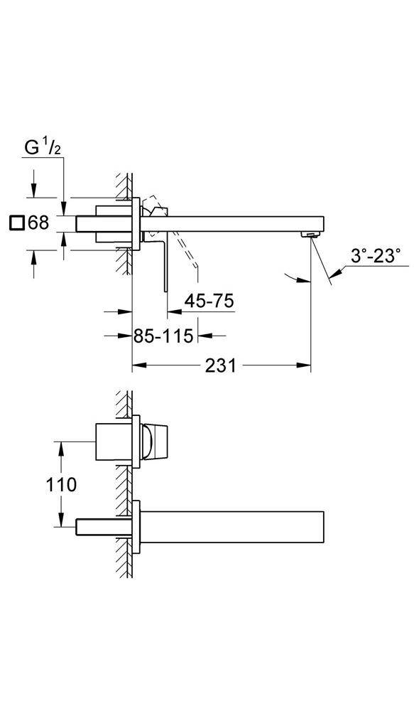 GROHE 2-Loch-Waschtischbatterie EUROCUBE Ausldg 231mm chr Ausladung
