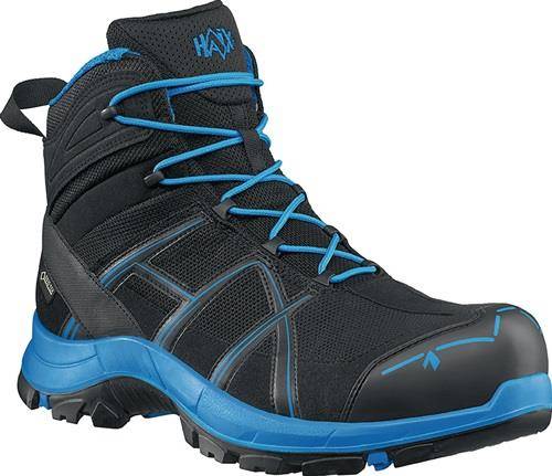 Schwarzer Wanderschuh mit blauen Akzenten und Schnürsenkeln, ausgestattet mit einem robusten Profil und Knöchelschutz für Outdoor-Aktivitäten.