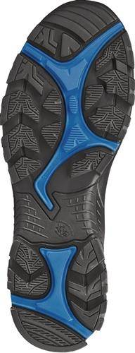 Ein Nahaufnahme eines Schuhsohlenprofils mit einem blauen, rutschfesten Trittmuster, das für verbesserten Grip und Stabilität entwickelt wurde.