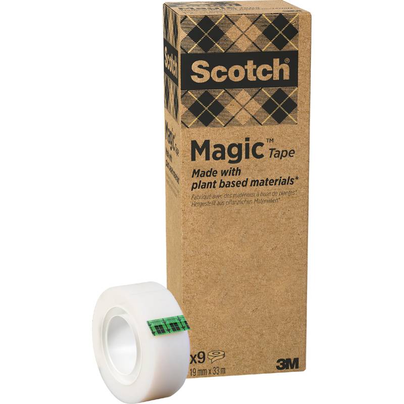 Eine Rolle Scotch Magic Tape mit einer beigen Schachtel, die mit 