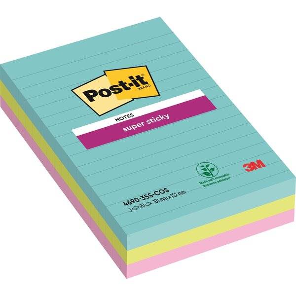 Haftnotiz Super Sticky Notes - 101 x 152 mm liniert 3x 90 Blatt.