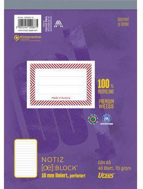 Violettes A5-Notizbuchcover mit Linien und weißem Etikett, beschriftet mit „Notizblock