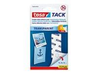 Packung von tesa TACK transparenten Klebepads mit Beispielen für die Montage von Fotos und Papieren.