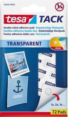 Tesa Tack transparente doppelseitige Haftpolster Packung, 72 Pads, gezeigt mit Foto und Ankersymbol-Beispielen und Grafik zur wiederholten Verwendung mit „1x, 2x, 3x...