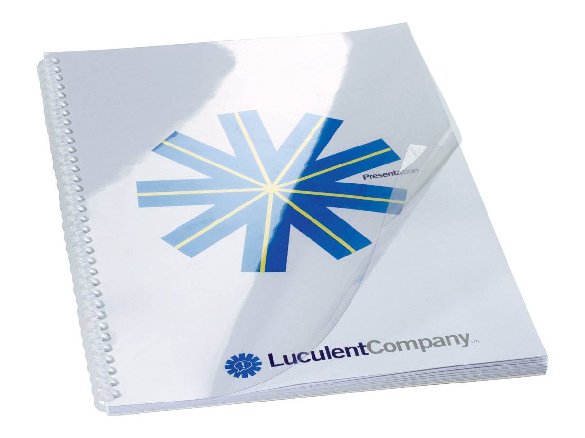 Ein spiralgebundenes Präsentationsnotebook mit einem blauen geometrischen Sternenmuster auf dem Einband und dem Text „LuculentCompany