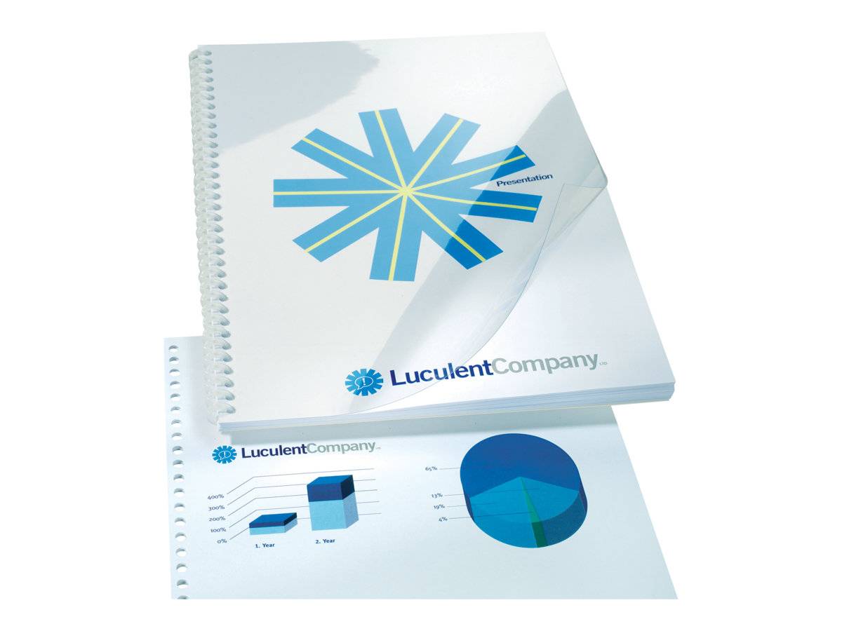 Zwei spiralgebundene Berichtsmappen von LuculentCompany, eine mit blauem Starburst-Logo und eine mit Balken- und Kreisdiagrammen.