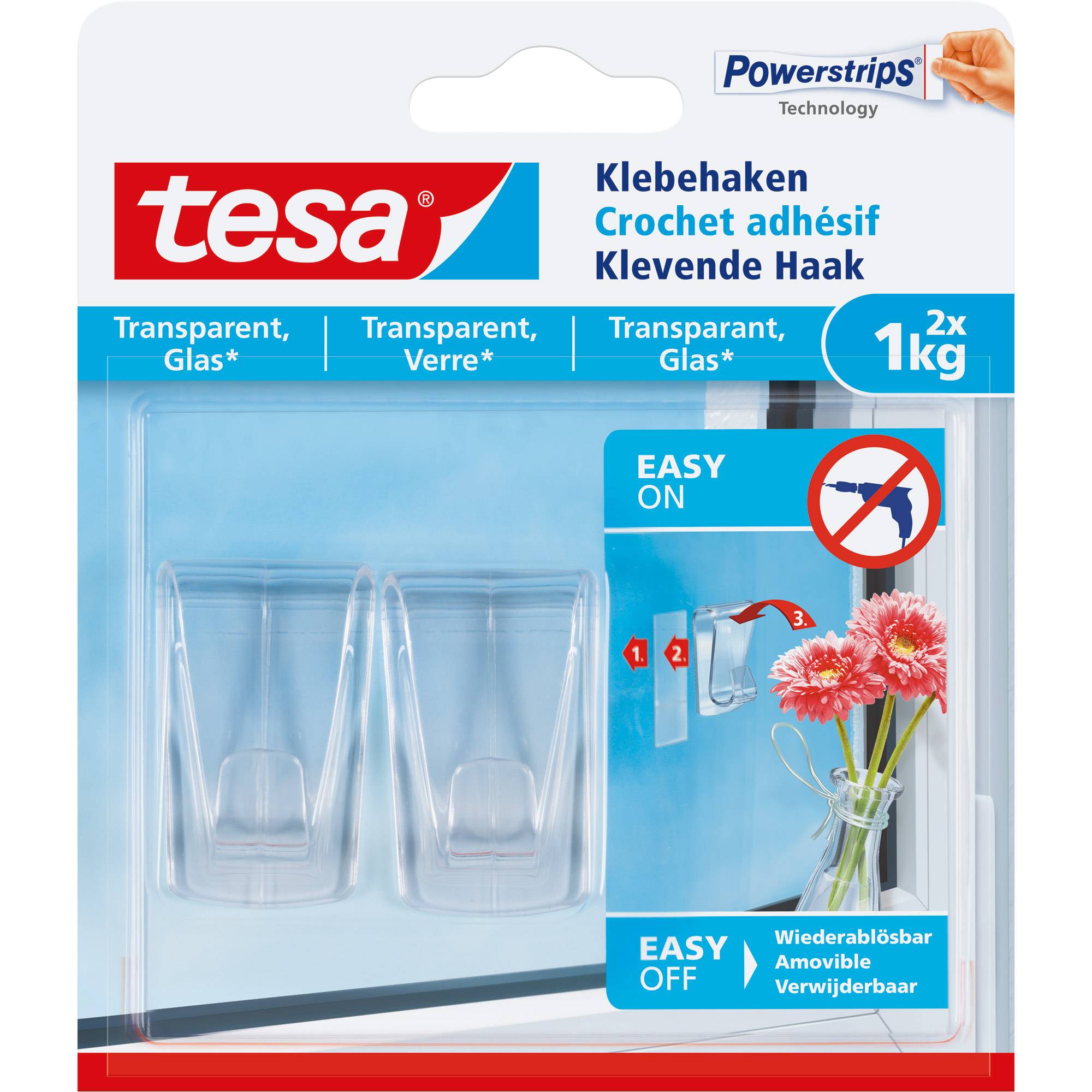 TESA 77735-00000-00, Indoor, Universalhaken, Transparent, Gummi, Klebestreifen, 1 kg