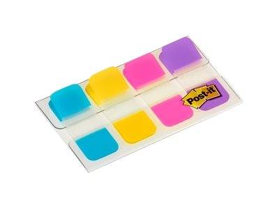 Durchsichtige Kunststoff-Seitenleisten mit vier farbenfrohen Kleberegistern: blau, gelb, rosa und lila, angeordnet in zwei Reihen, mit einem Post-it-Logo auf der rechten Seite sichtbar.
