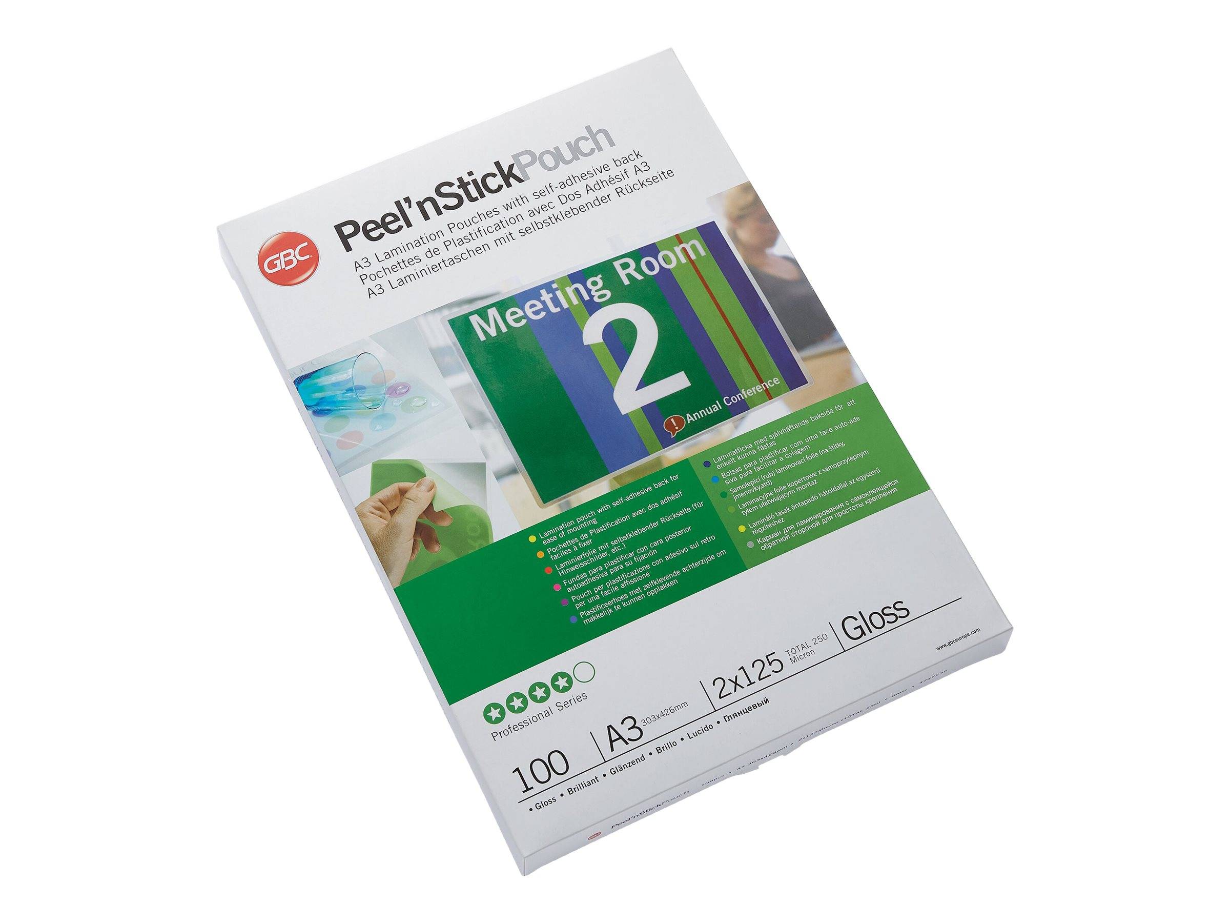 Eine Schachtel GBC Peel'nStick Pouches mit A3-glänzenden 100er-Pack 12x125 Mikron Laminierfolien für ein Schild 