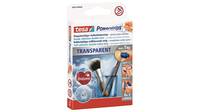 Packung TESA Powerstrips transparente Klebstreifen, zeigt das Produkt und zwei montierte Bürsten in einem klaren Haken- und Klebstoff-Lagerungsbeispiel.