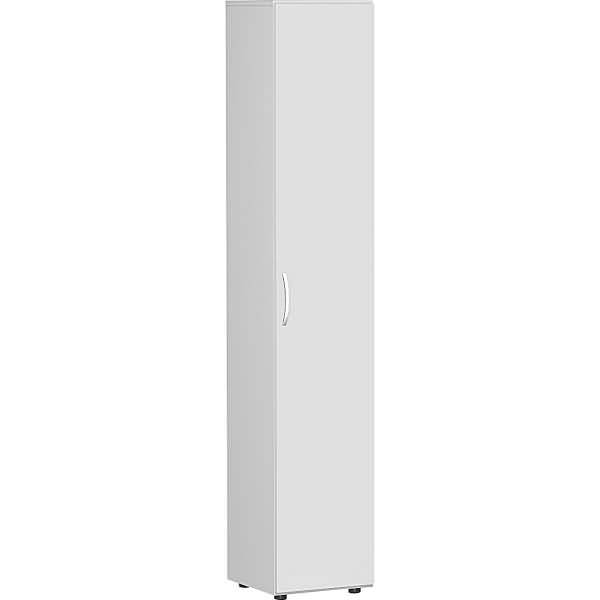 Hoher weißer Einzeltür-Lagerschrank auf neutralem Hintergrund, in Frontansicht mit gekrümmtem vertikalem Griff gezeigt.