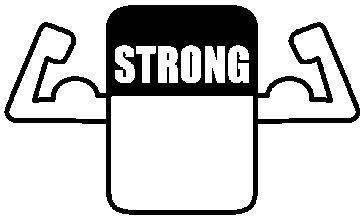 Schwarzweißes Symbol eines flexierenden muskulösen Behälters mit der Aufschrift „STRONG