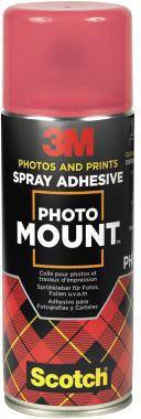 3M Scotch Photo Mount Sprühklebstoff in einer Dose mit rotem Deckel und schwarzem Etikett zum Befestigen von Fotos und Drucken.