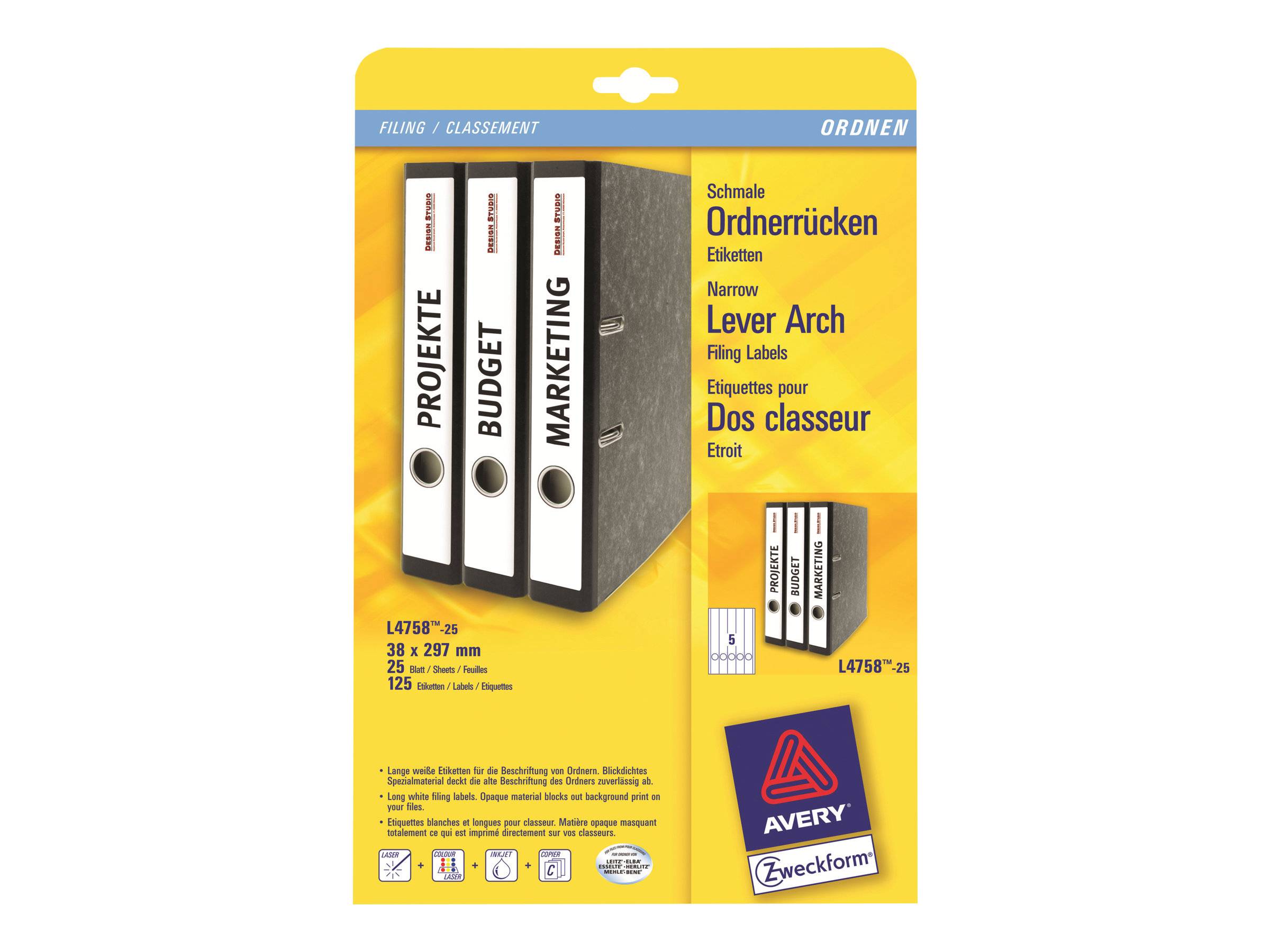 AVERY ZWECKFORM - Avery L4758 - Weiß - 38 x 297 mm 125 Stck. (25 Bogen x 5)