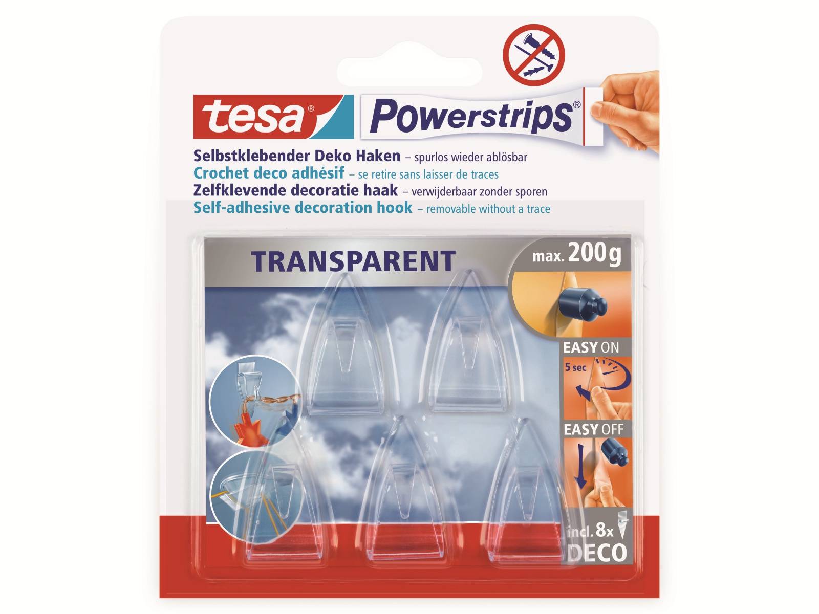 Packung mit transparenten selbstklebenden Dekorationshaken von tesa Powerstrips, max. 200 g, enthält 8 Haken mit einfachen An- und Abnahmeanweisungen.