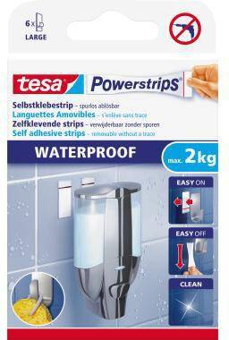 Packung mit tesa Powerstrips wasserbeständige selbstklebende Streifen, max. 2 kg, dargestellt montiert auf einer Badezimmerwand mit Symbolen für einfaches An-/Ausschalten und sauberes Entfernen.