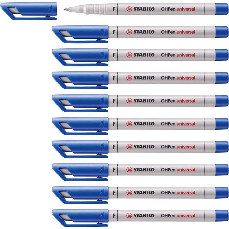 Zehn blau-kappe STABILO OHPen Universalmarker in einer Reihe angeordnet, mit einer unkapierten Spitze oben sichtbar.