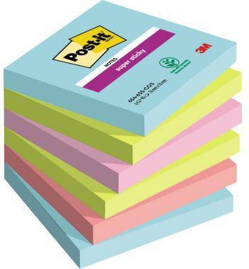 Stapel von mehrfarbigen Post-it Super Sticky Notizblöcken in Pastellfarben, dargestellt in einem geschichteten 3D-Produktbild mit sichtbarem 3M-Logo.