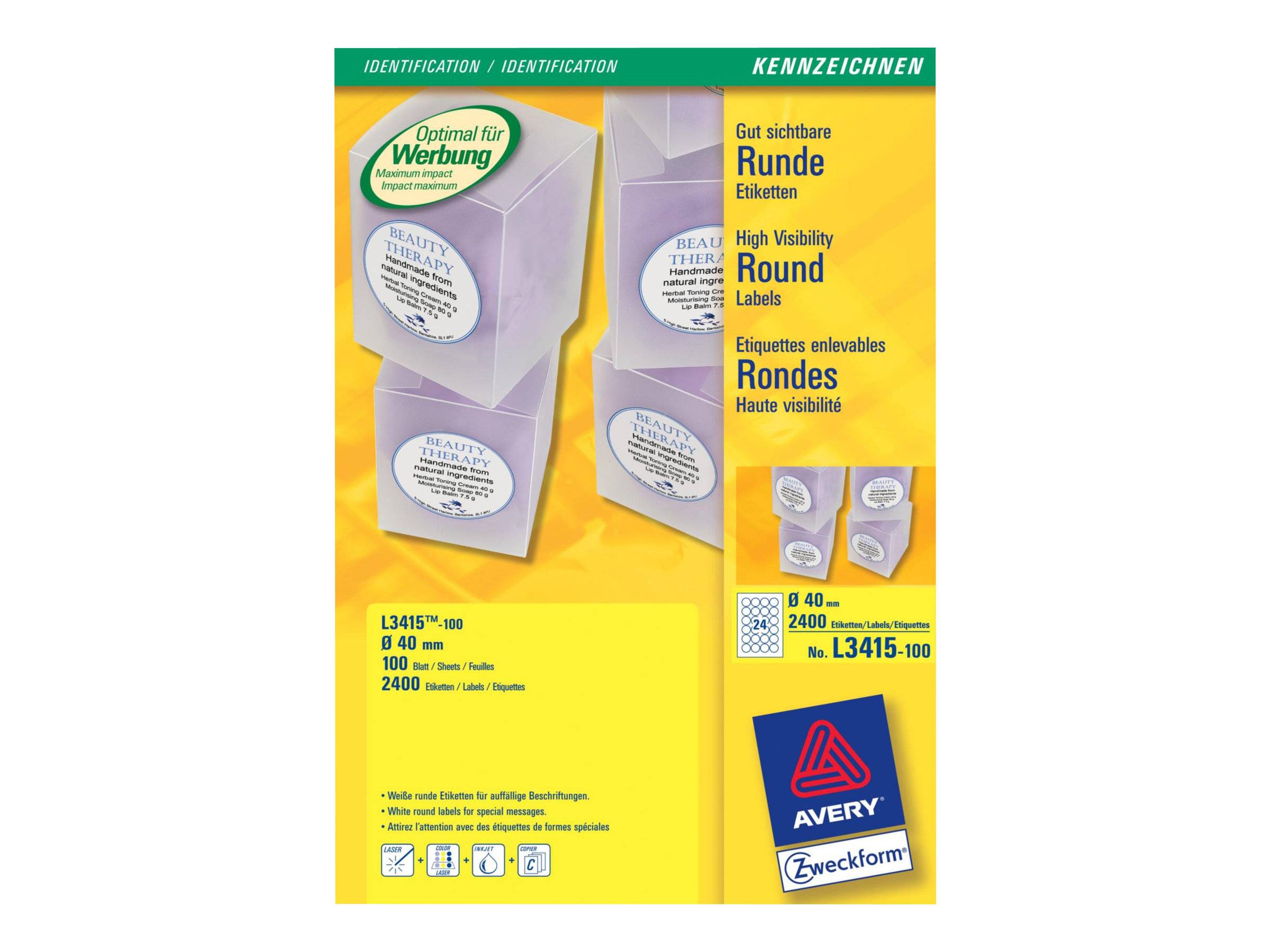 AVERY ZWECKFORM - Avery L3415 - Weiß - 40 mm rund 2400 Stck. (100 Bogen x 24)